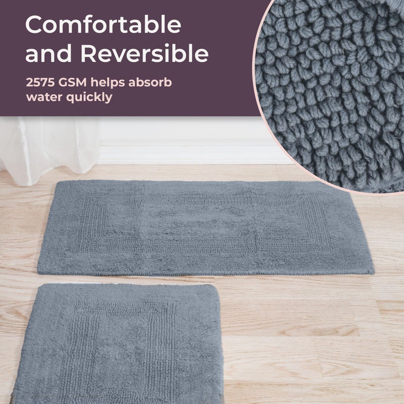 Lavish Home Cotton Bath Mat Set- 2 Piece 100 Percent Cotton Mats- Reversible, Soft, Absorbent and Machine Washable Bathroom Rugs By Lavish Home (Silver) - Image 4